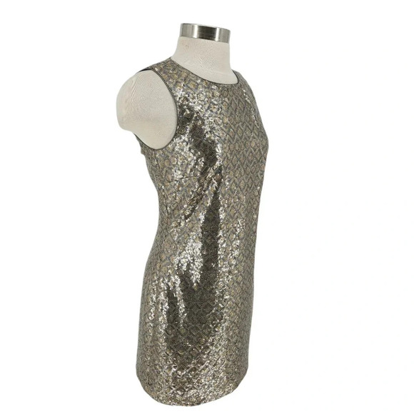 Banana Republic Sheath Holiday Mini Dress Gold Silver Sequin Sleeveless Zip - Picture 3 of 10